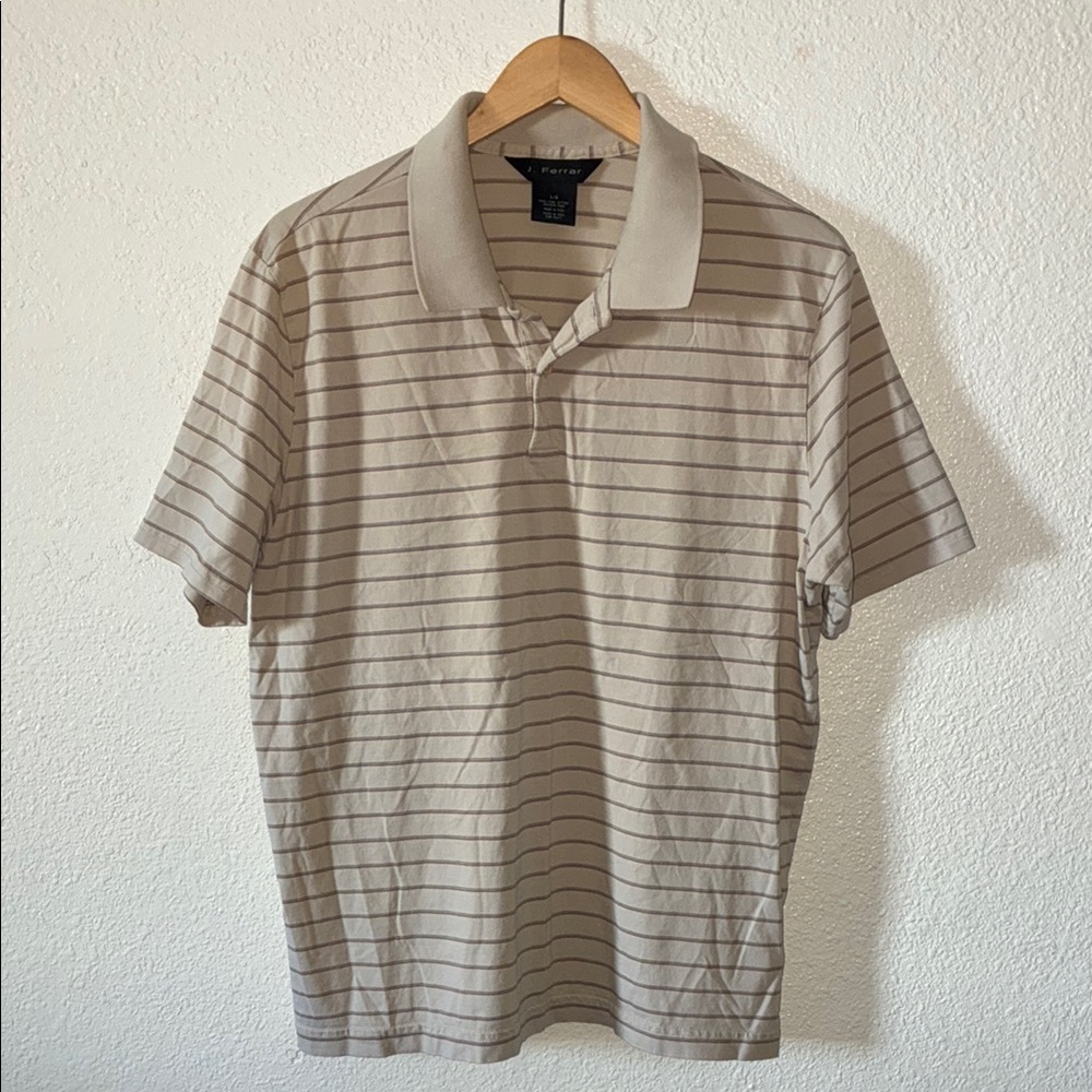 J. Ferrar Tan w/brown Striped Polo Shirt Classic Knit Casual